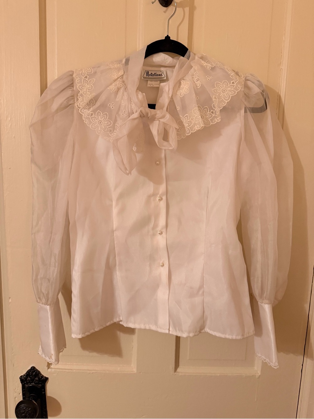 Notations White Sheer Blouse with Embroidered Collar
